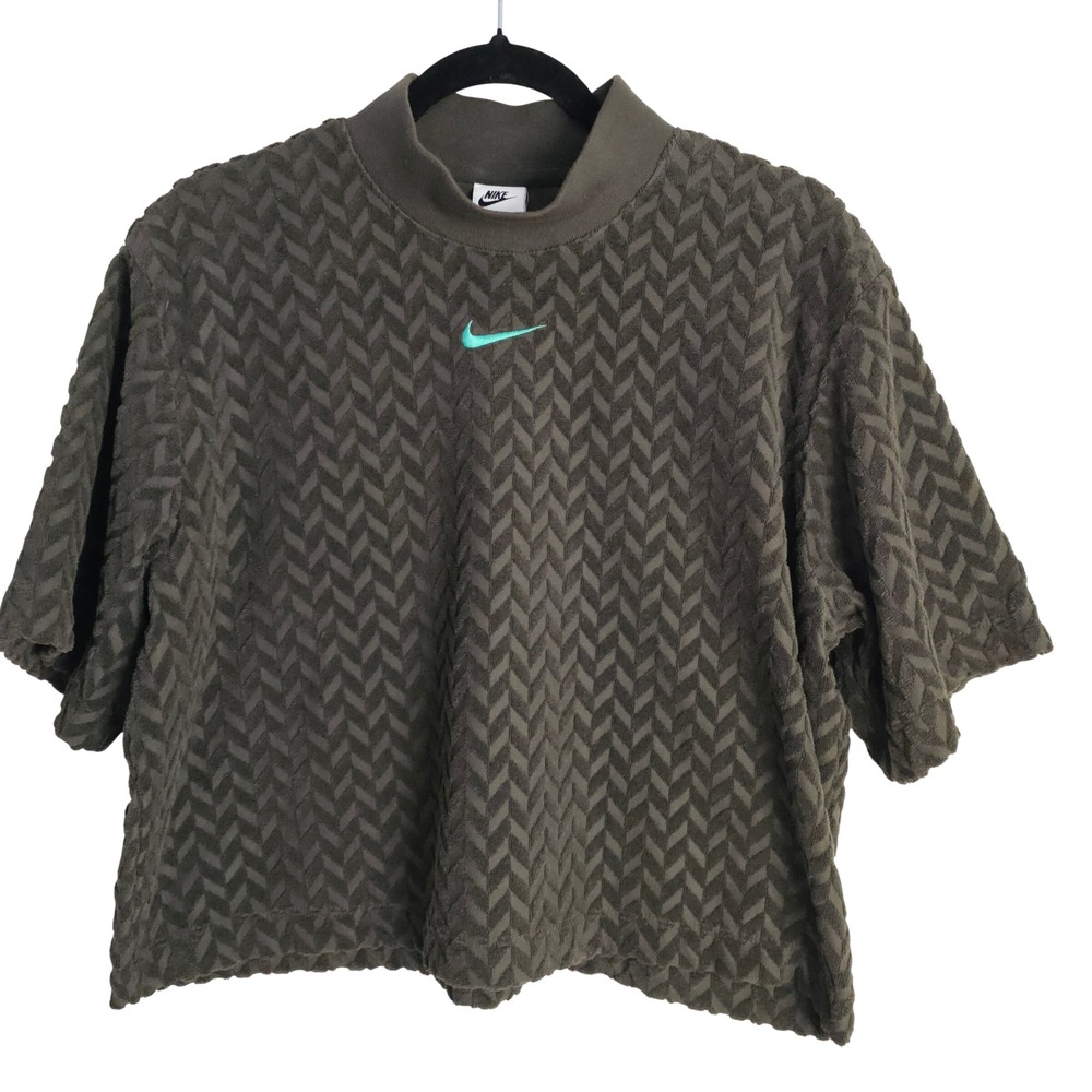 Nike Women's Mock Neck Short Sleeve Textured Chevron Top M Olive Green Gorpcore
